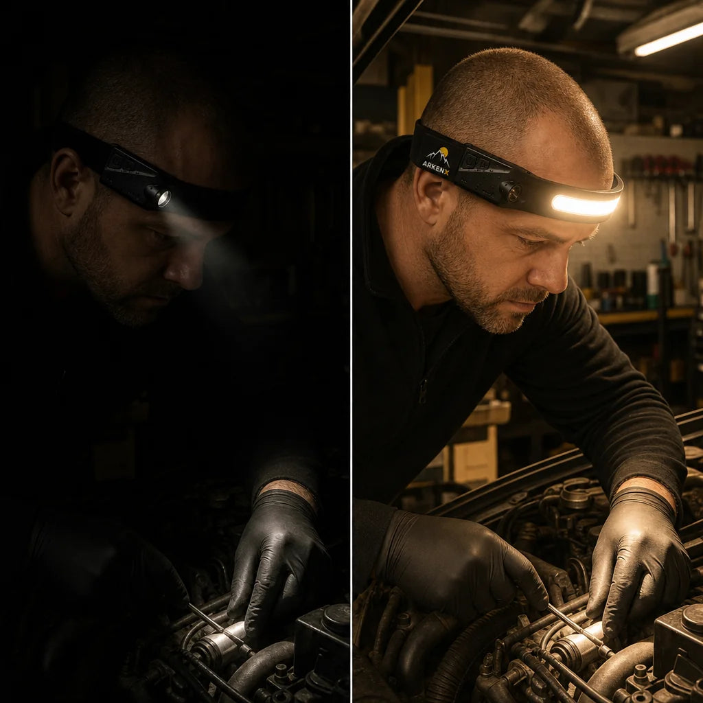 Narrow spotlight headlamp vs ArkenLite 230° wide light — garage comparison