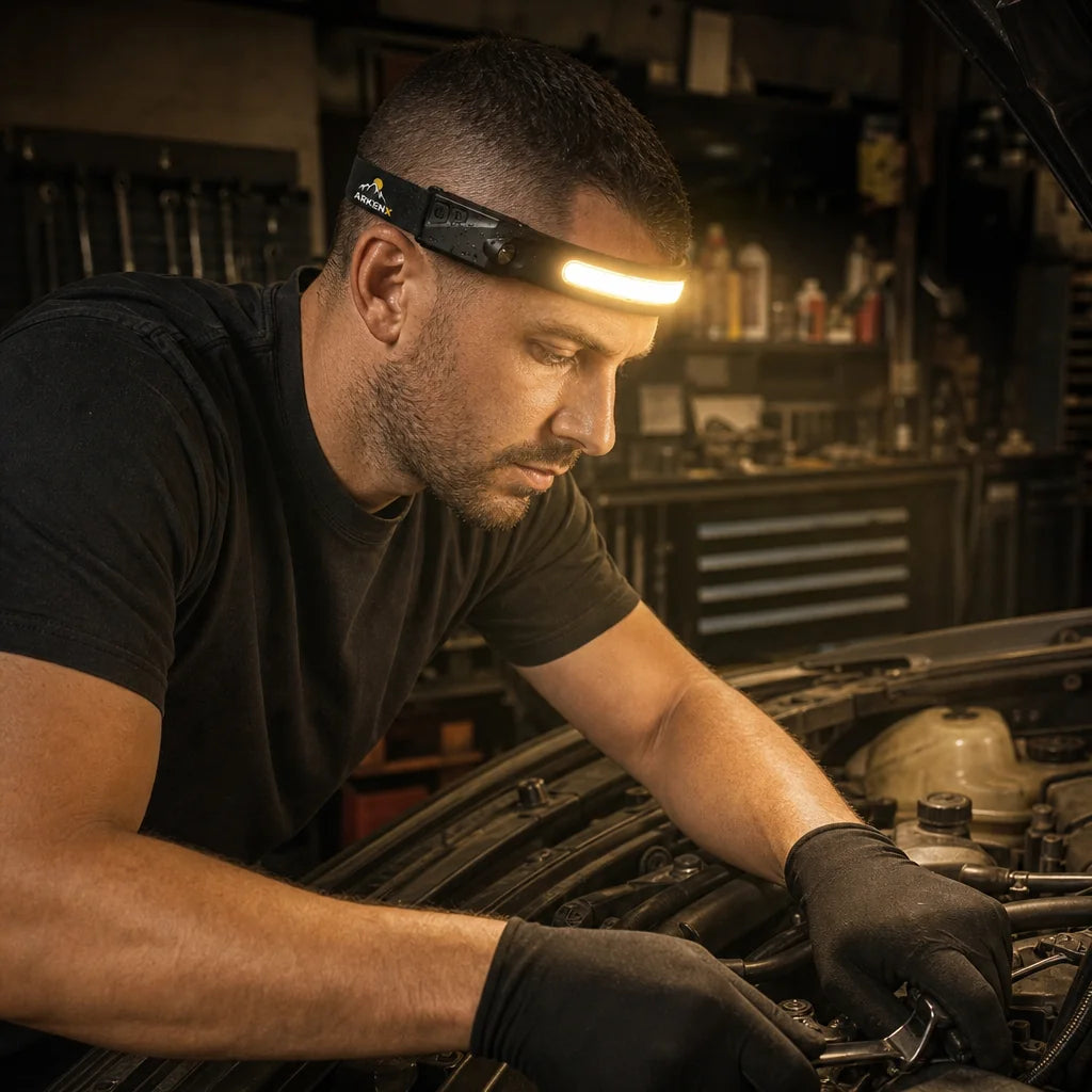 Mechanic working under the hood hands-free, engine bay fully lit by ArkenLite