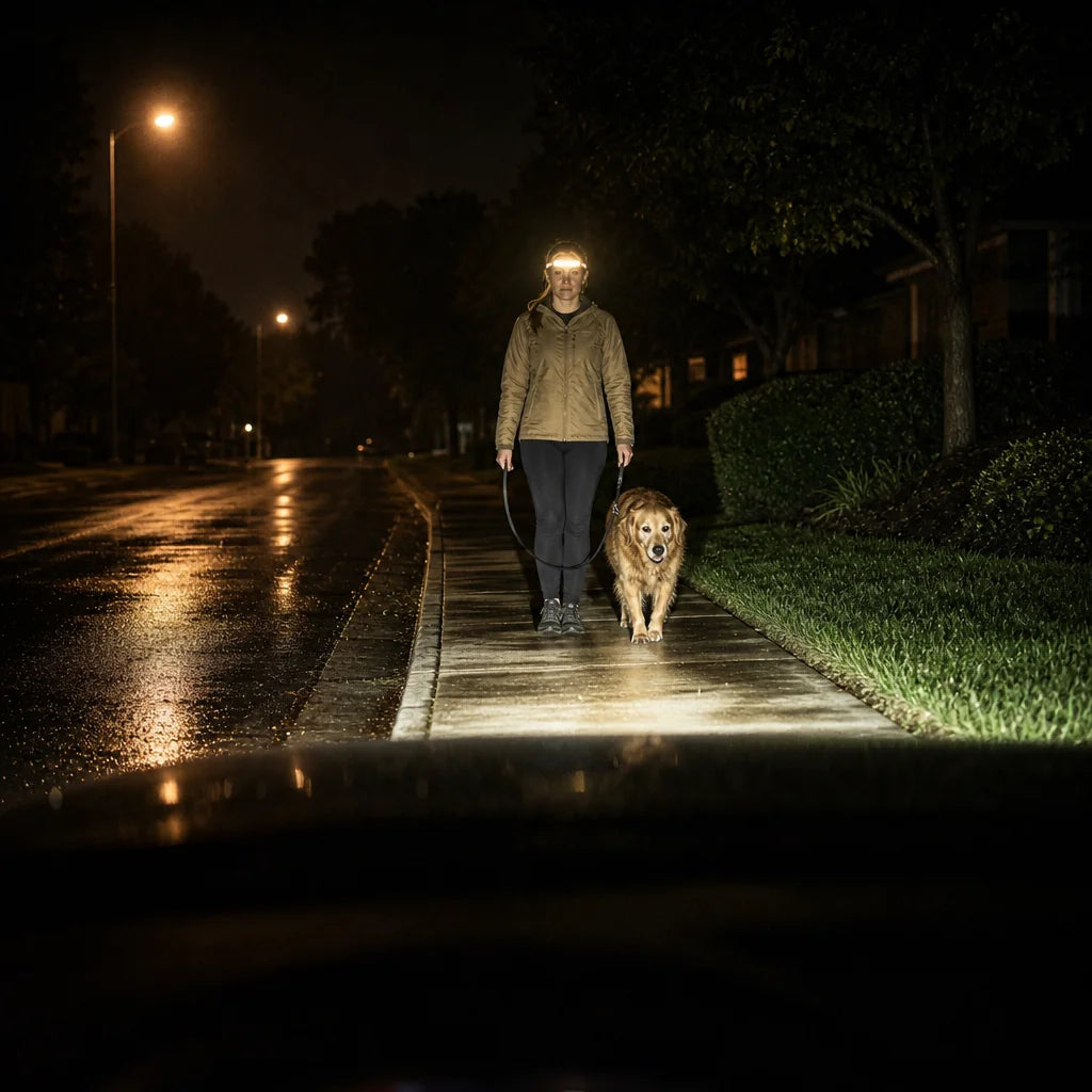Woman walking her dog at night, visible to drivers thanks to the glowing LED band