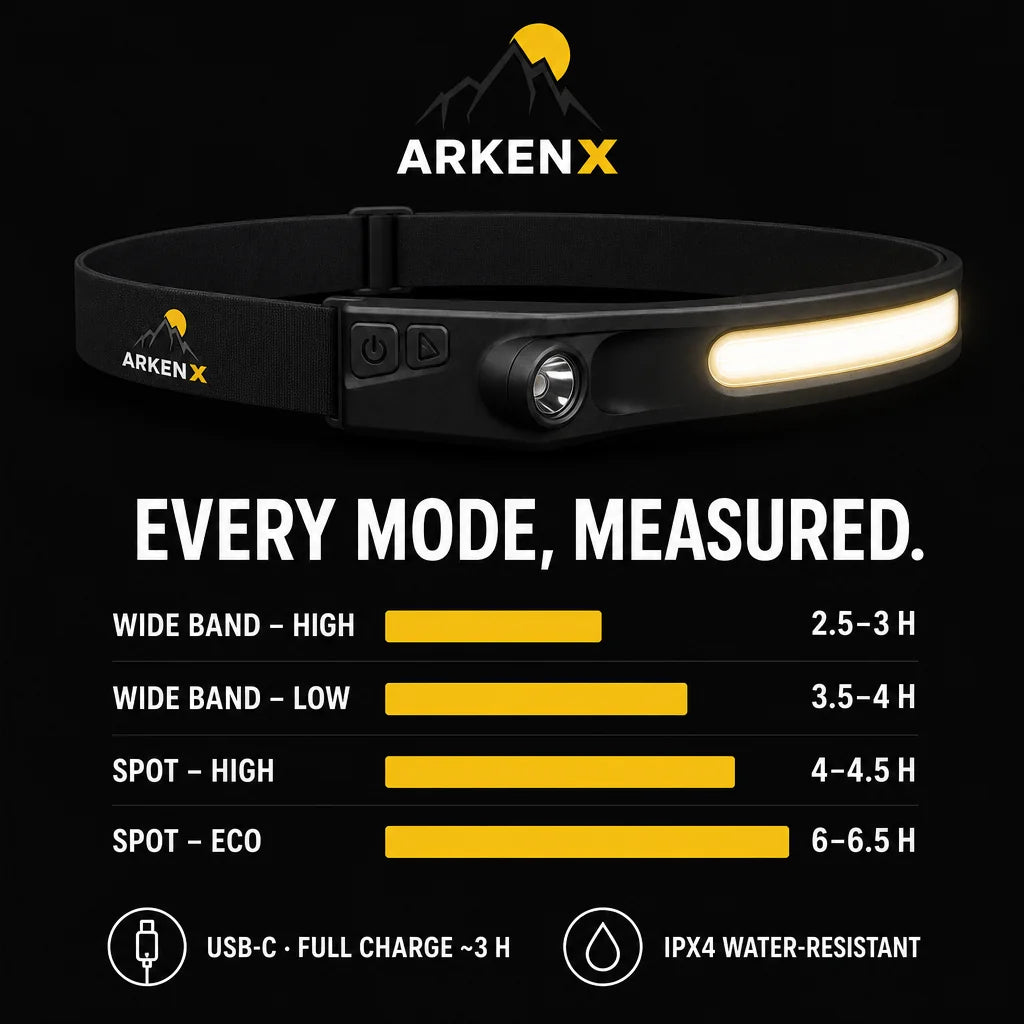 ArkenLite honest battery runtime per mode — up to 6.5 hours, USB-C, IPX4