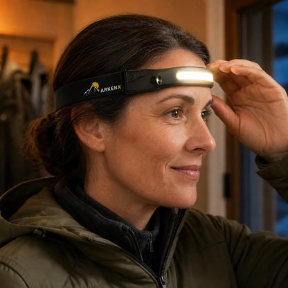 Woman adjusting the 97-gram ArkenLite headlamp — light and comfortable fit
