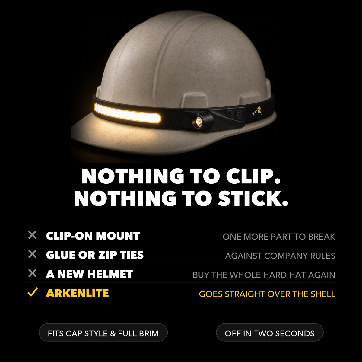 Nothing to clip nothing to stick - ArkenLite compared with clip-on mounts, glue, zip ties and built-in helmet lights