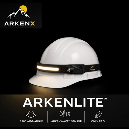 ArkenLite LED headlamp worn over a white hard hat - fits over any hard hat, nothing to clip, nothing to stick