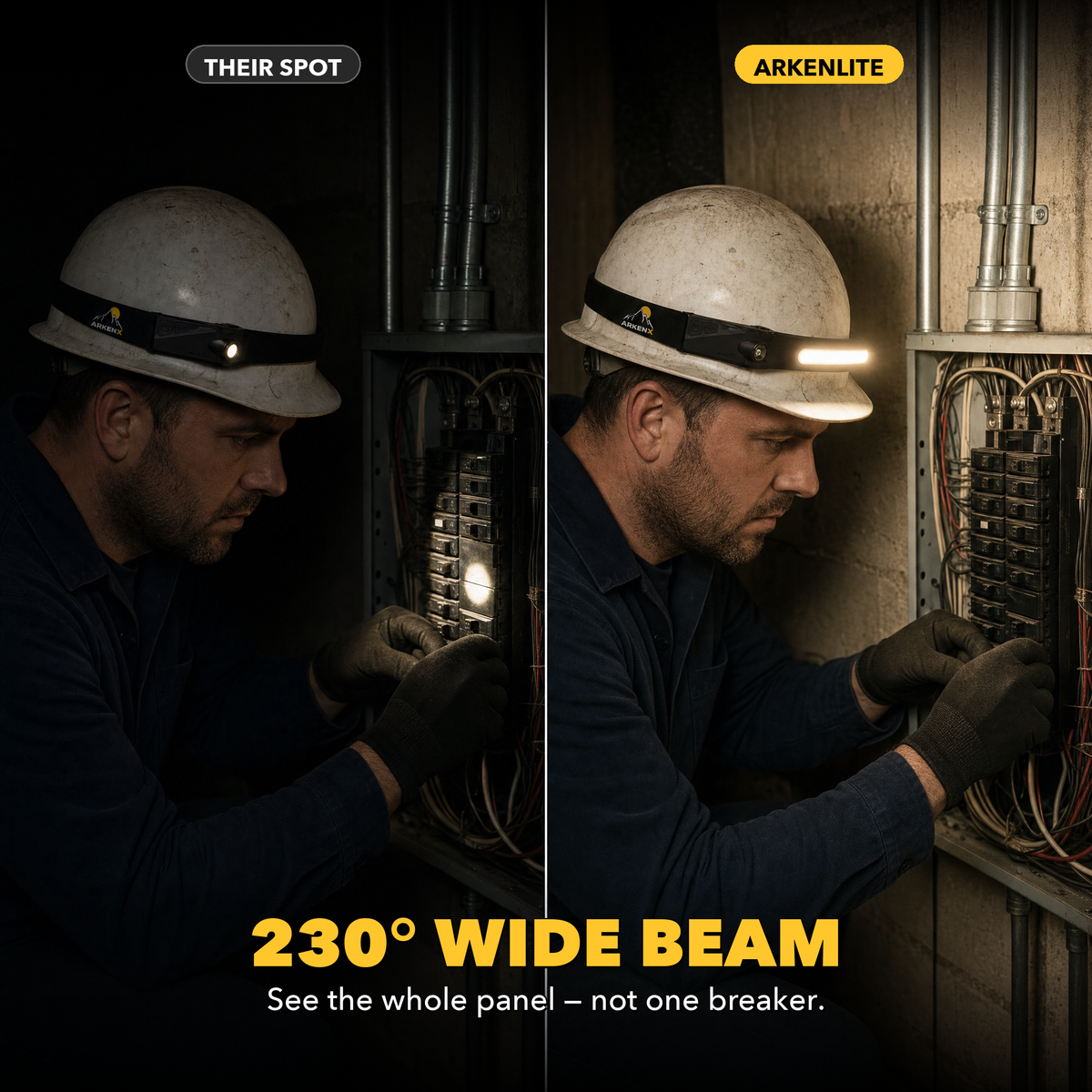 230 degree wide beam - their spot lights one breaker, ArkenLite lights the whole panel