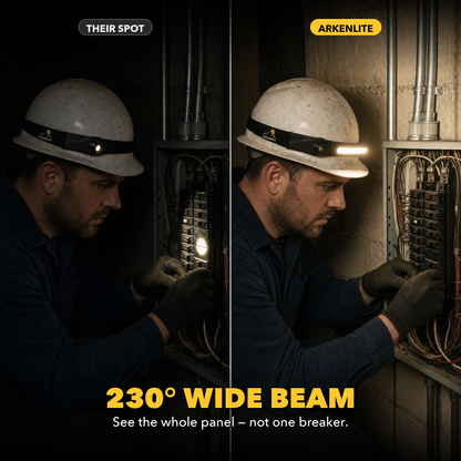 230 degree wide beam - their spot lights one breaker, ArkenLite lights the whole panel