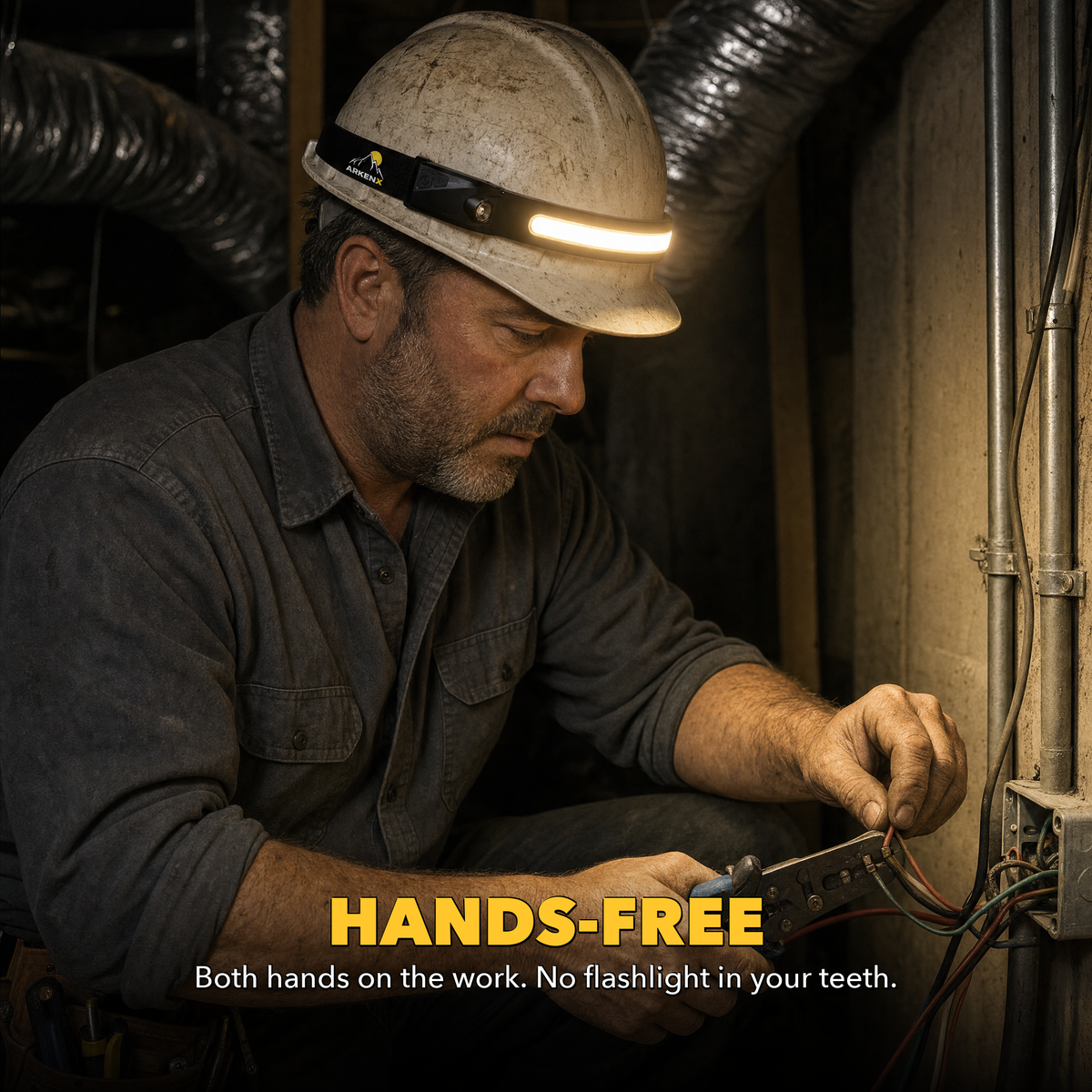 Hands-free - both hands on the work, no flashlight in your teeth - HVAC technician crimping a wire