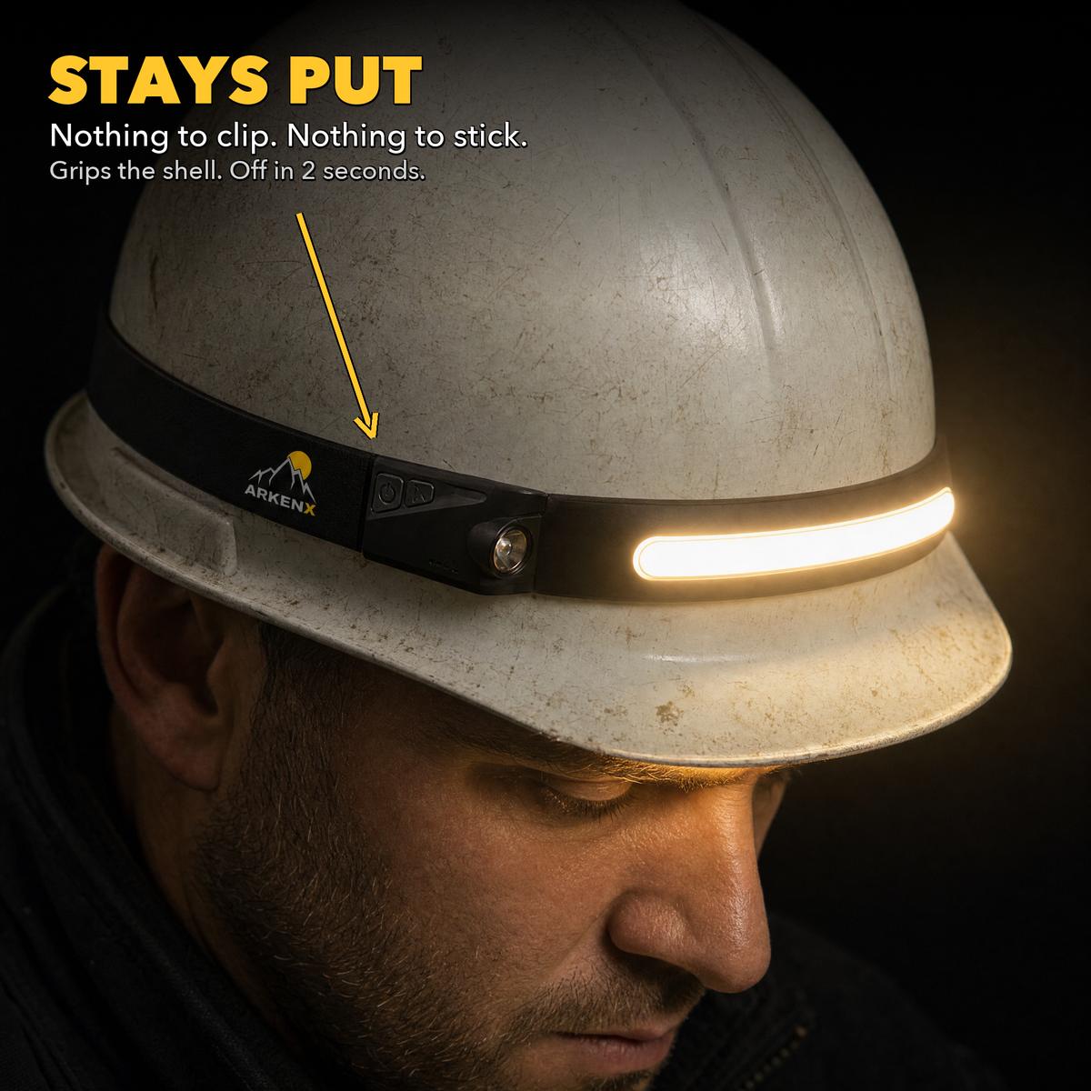 Stays put - nothing to clip, nothing to stick - strap grips the hard hat shell, off in 2 seconds