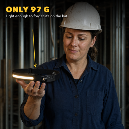 Only 97 g - light enough to forget it is on the hat - electrician holding the ArkenLite headlamp